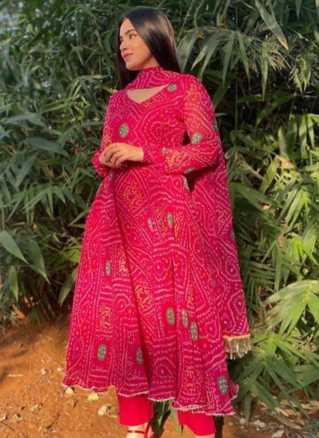 Georgette Pink Festival Wear Bandhani Print Readymade Gown With Dupatta